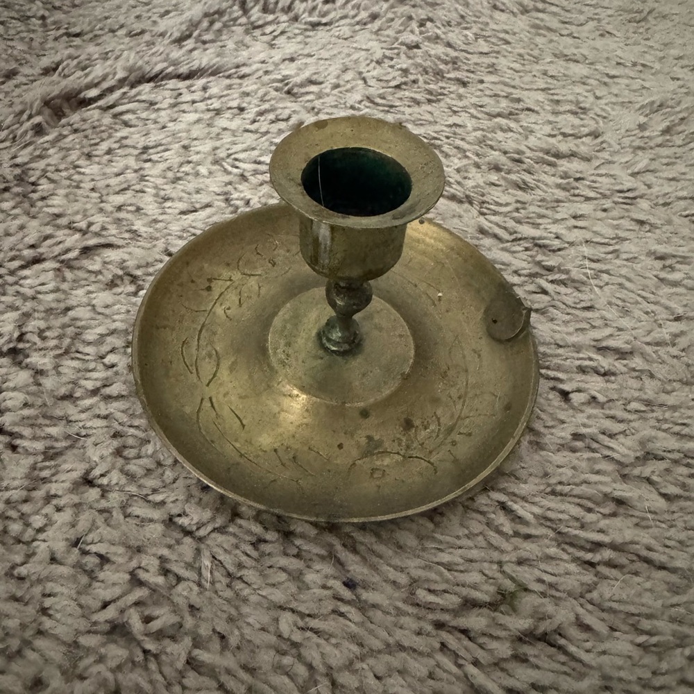 Vintage Solid Brass Candlestick Holder with Etched Detail